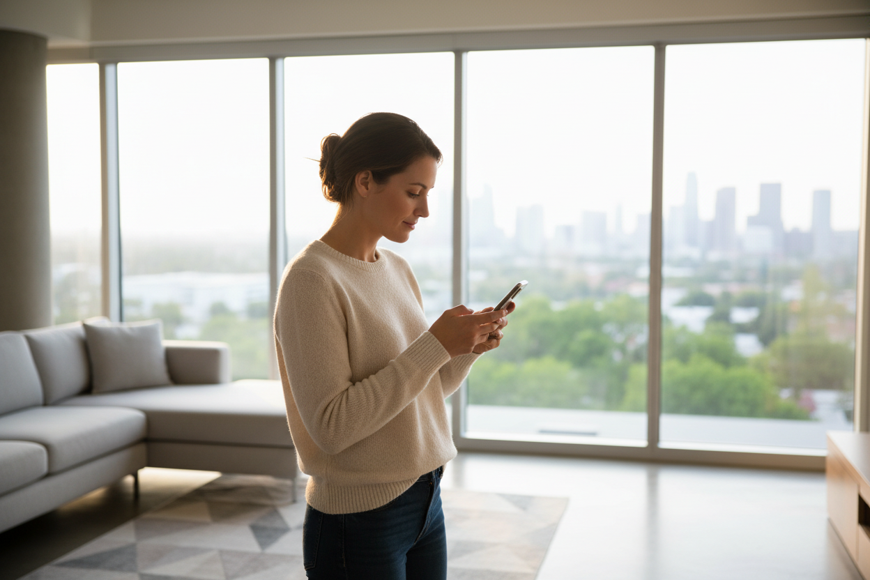 una donna con un cellulare in mano e dietro una finestra
